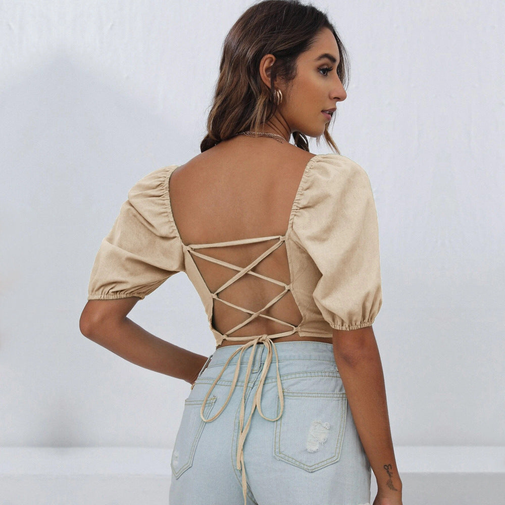 Square Collar Solid Color Backless Lace up T-shirt Navel-Exposed Top PE Blouses