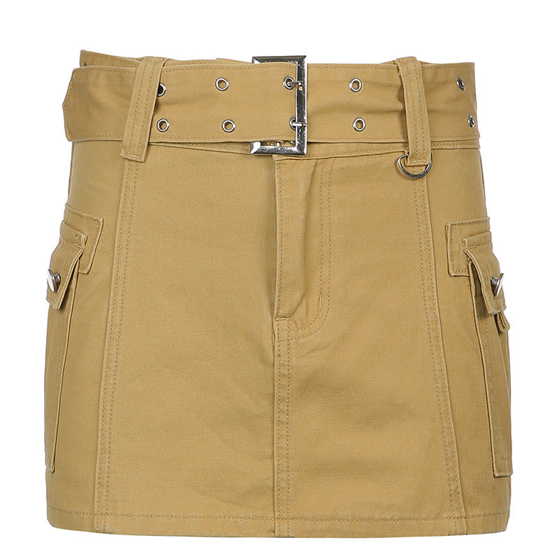 Hot Girl Style Solid Color Low Waist Pocket Slimming Sheath Denim Skirt Khaki Bottoms