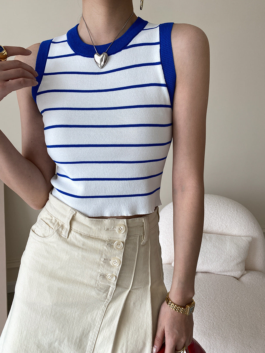 Fashion Color Contrast Striped Slim Fit Short Vest top One Size Blue Collar Edge PE Blouses