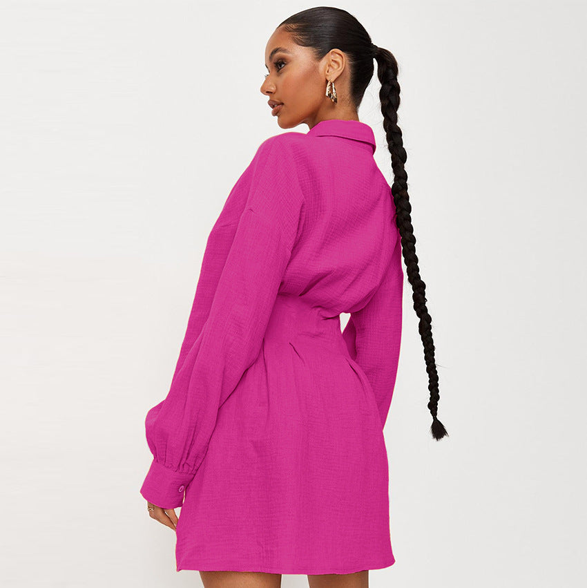 Waist Trimming Shirt Dress Elegant Pleated Long Sleeve PE Blouses