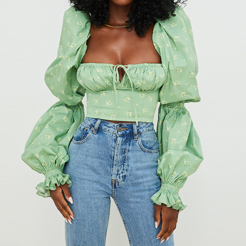 Floral Flare Sleeve Tie Neck Pleated Crop Top Short Top Light Green Yellow Flower PE Blouses