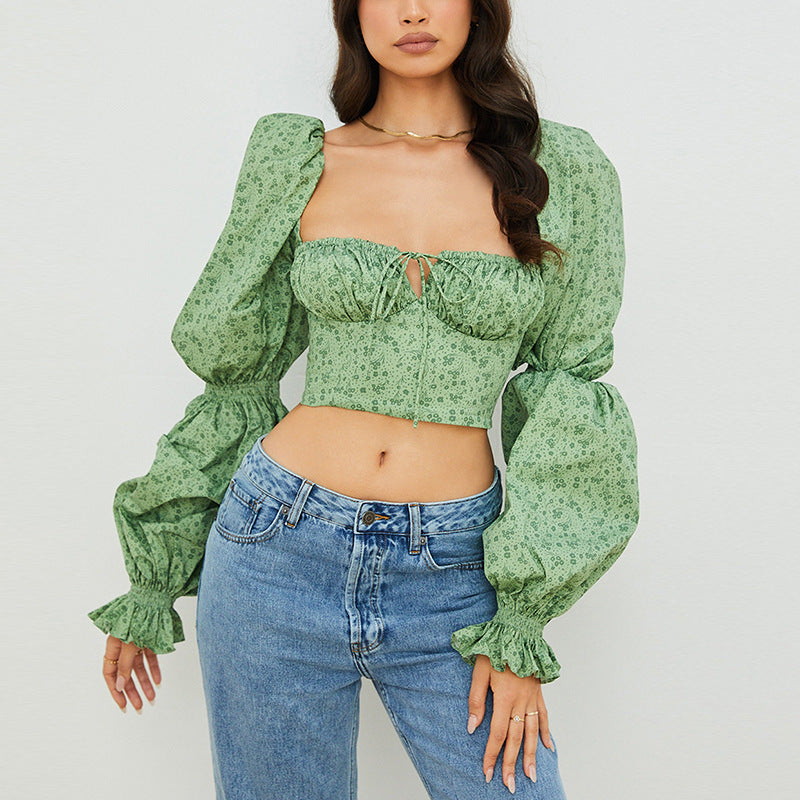 Floral Flare Sleeve Tie Neck Pleated Crop Top Short Top Green PE Blouses