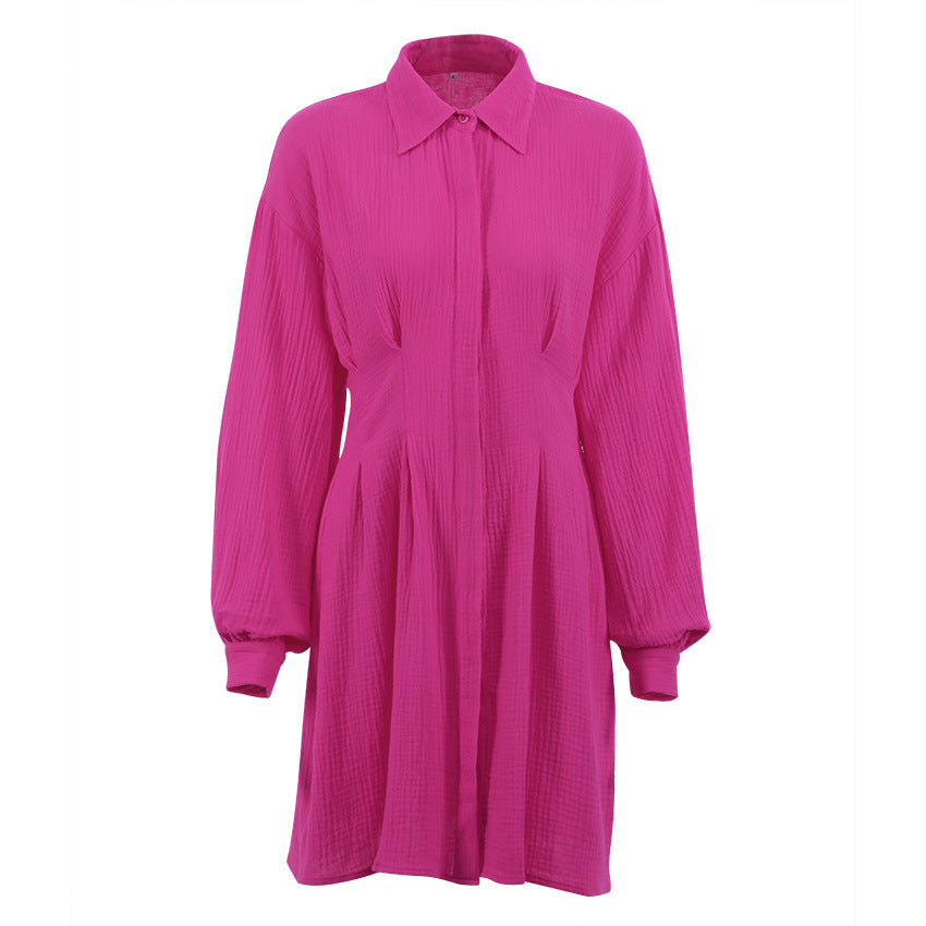 Waist Trimming Shirt Dress Elegant Pleated Long Sleeve PE Blouses