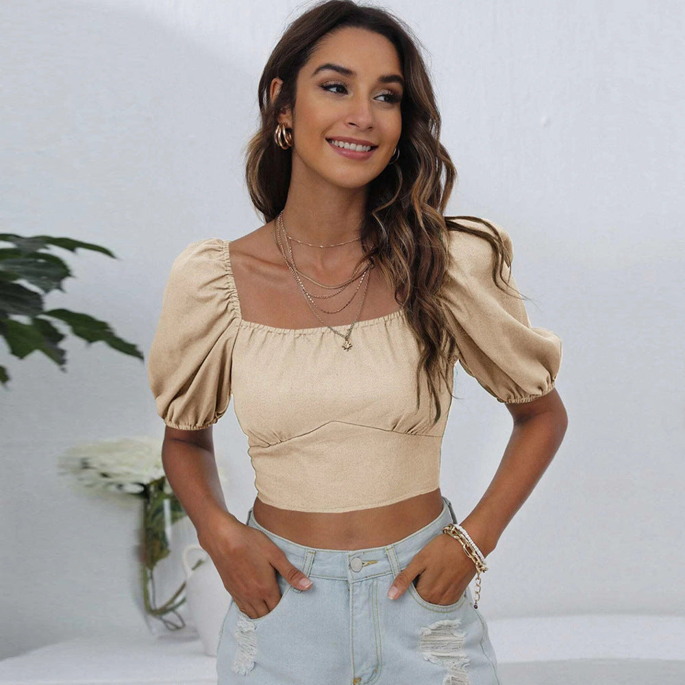 Square Collar Solid Color Backless Lace up T-shirt Navel-Exposed Top Khaki PE Blouses