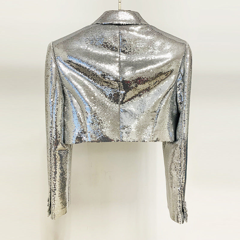 Metallic Coated Short Suit Mid Length Skirt Set Two Piece Set