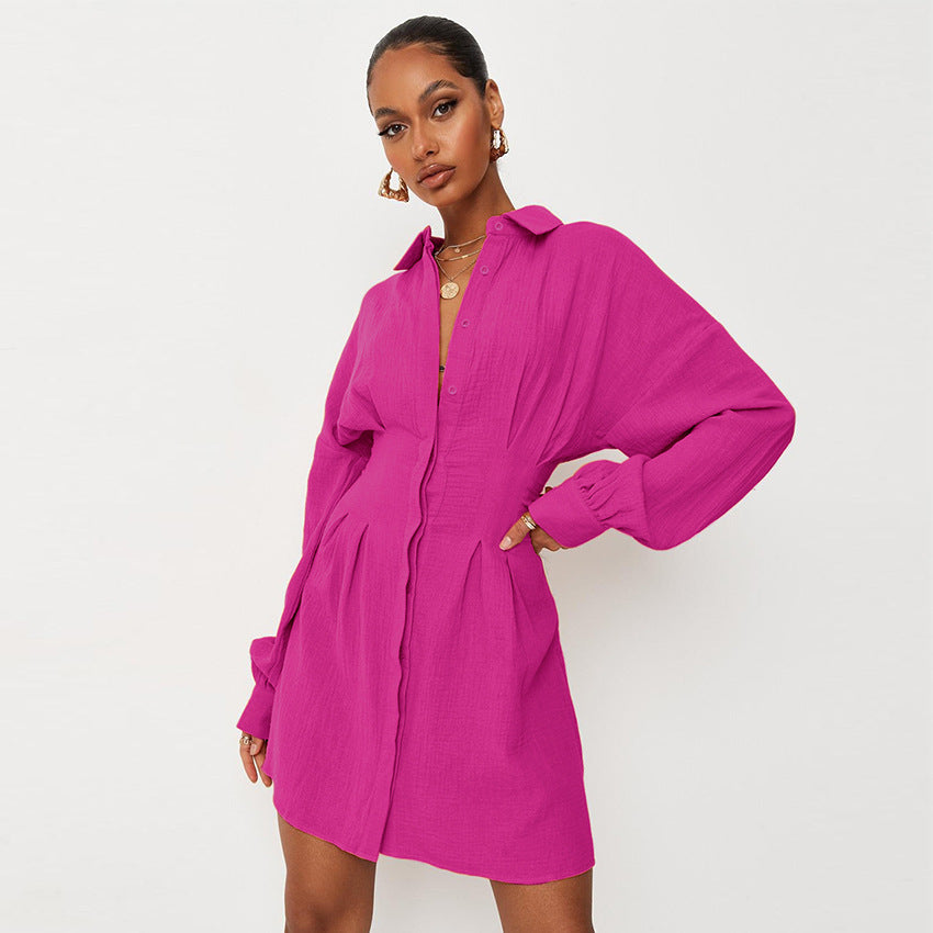 Waist Trimming Shirt Dress Elegant Pleated Long Sleeve PE Blouses