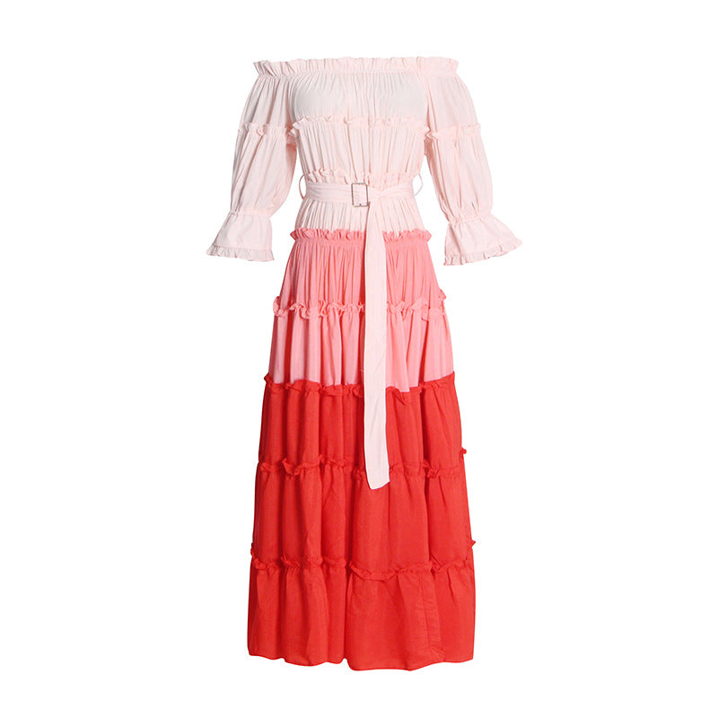 Pink off-Shoulder Color Contrast Patchwork Layered Gradient Flounced dress Maxi dress 1