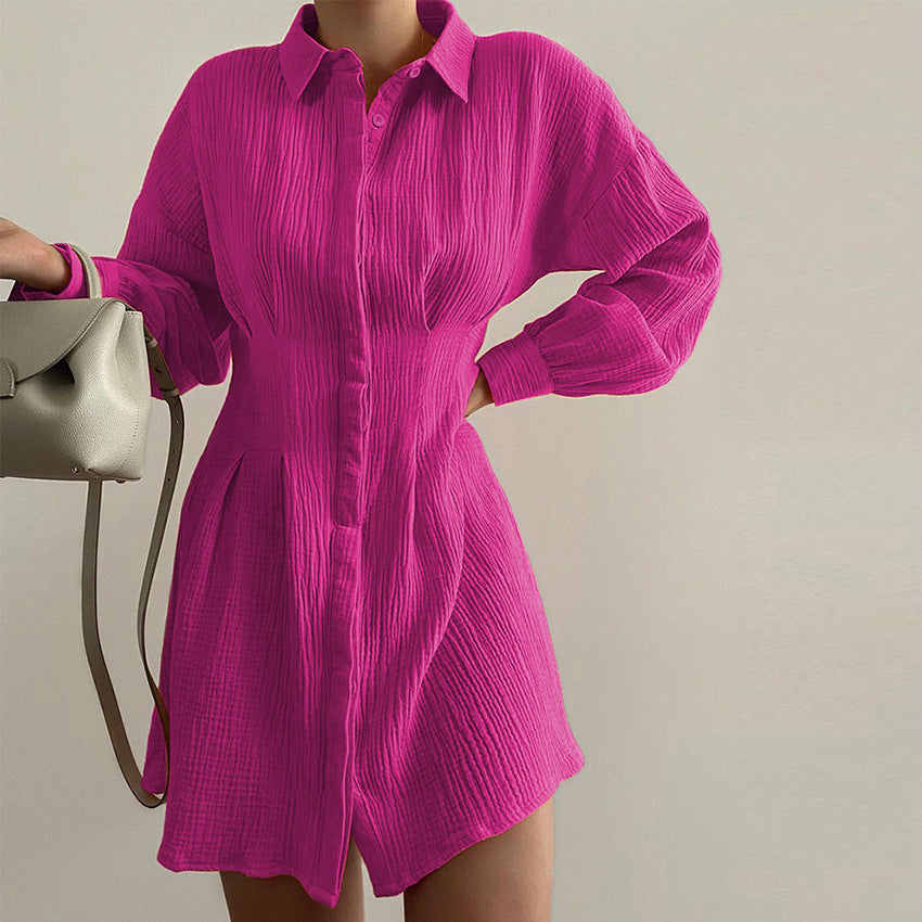 Waist Trimming Shirt Dress Elegant Pleated Long Sleeve PE Blouses