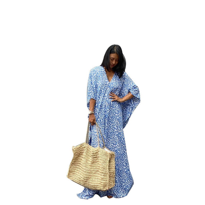 Blue Leopard Print Rayon cover up for the beach Swimwear