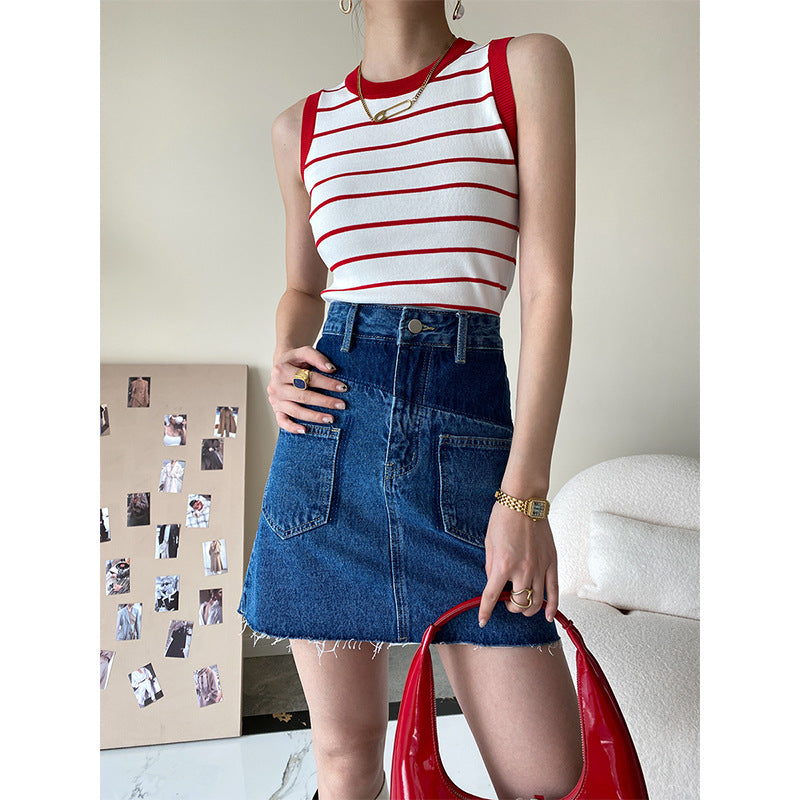 Fashion Color Contrast Striped Slim Fit Short Vest top PE Blouses