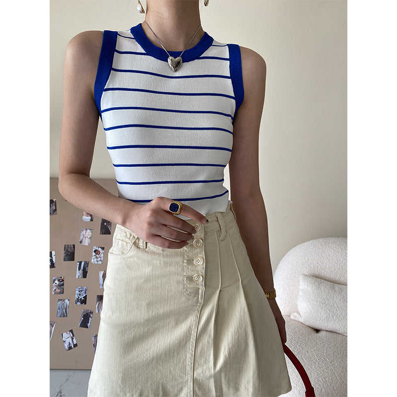 Fashion Color Contrast Striped Slim Fit Short Vest top PE Blouses