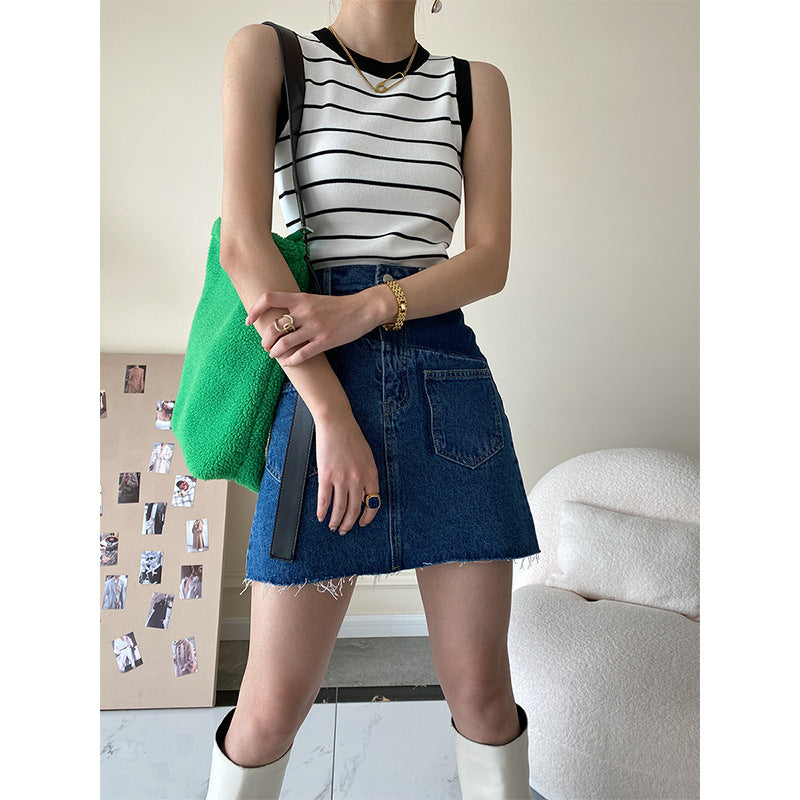 Fashion Color Contrast Striped Slim Fit Short Vest top PE Blouses