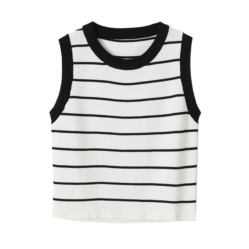 Fashion Color Contrast Striped Slim Fit Short Vest top PE Blouses