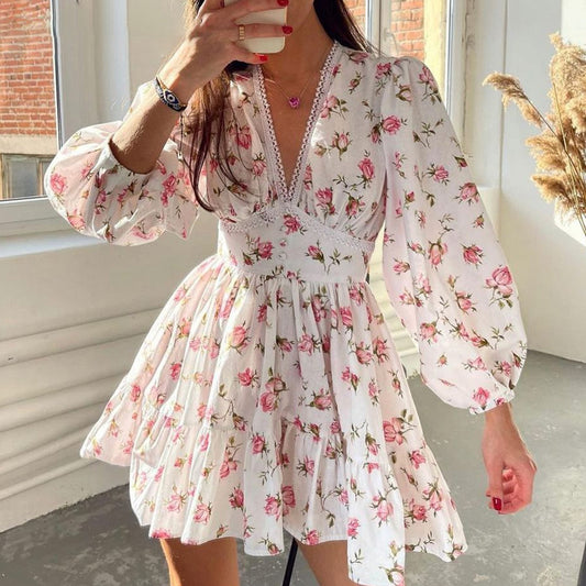 Street Casual Floral Midi High Waist Slim V neck Dress