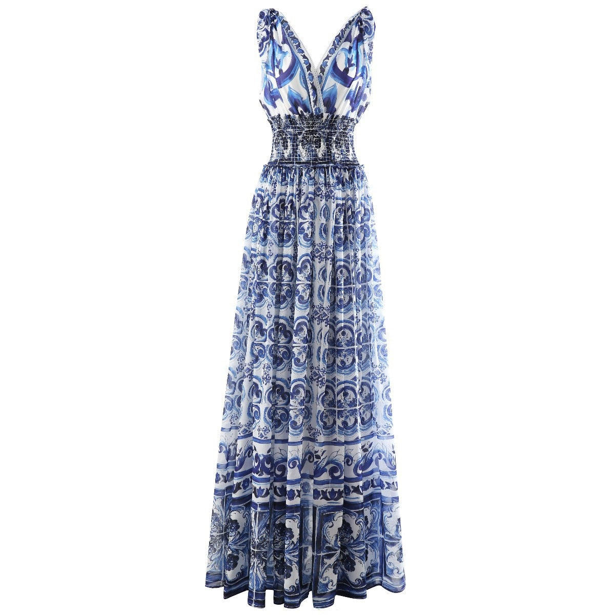 Maxi Long Dress Sleeveless Straps Blue and White Porcelain Pattern Blue China maxi dress 1