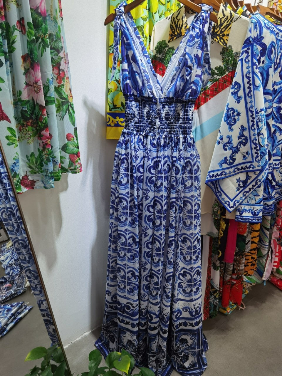 Maxi Long Dress Sleeveless Straps Blue and White Porcelain Pattern maxi dress 1